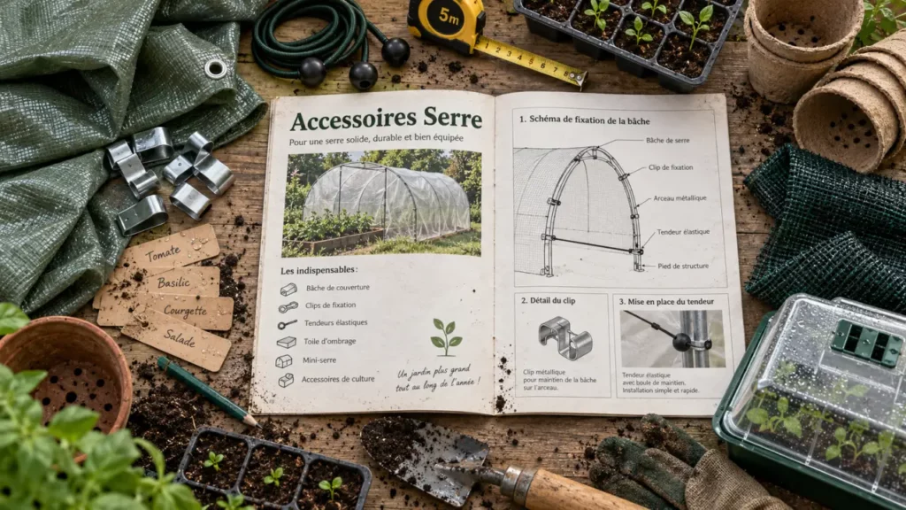Accessoire serre de jardin : bâche, clips et tendeurs pour gagner de la place