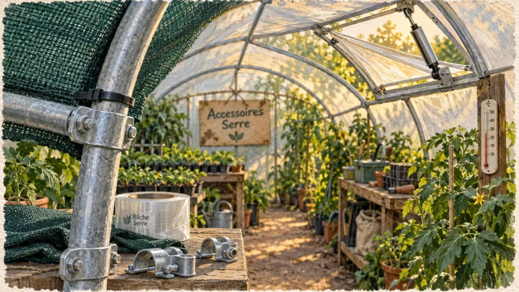 Accessoires pour serre de jardin : toile d’ombrage, étayage et ruban pour éviter surchauffe et manque d’eau