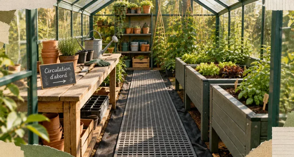 Aménagement serre de jardin : allée centrale avant les étagères