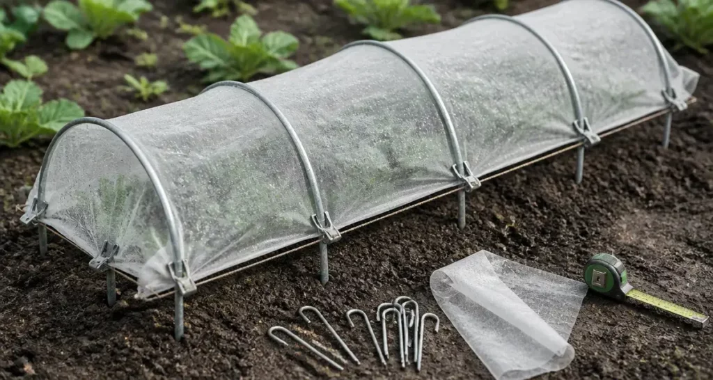 Arceaux jardinage galvanisés avec voile de forçage sur planche potager