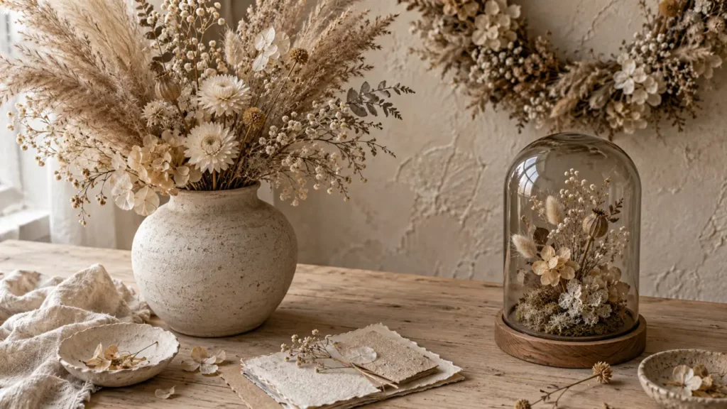 Décoration fleurs séchées : vase en grès avec pampa et cloche en verre