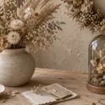 Décoration fleurs séchées : vase en grès avec pampa et cloche en verre