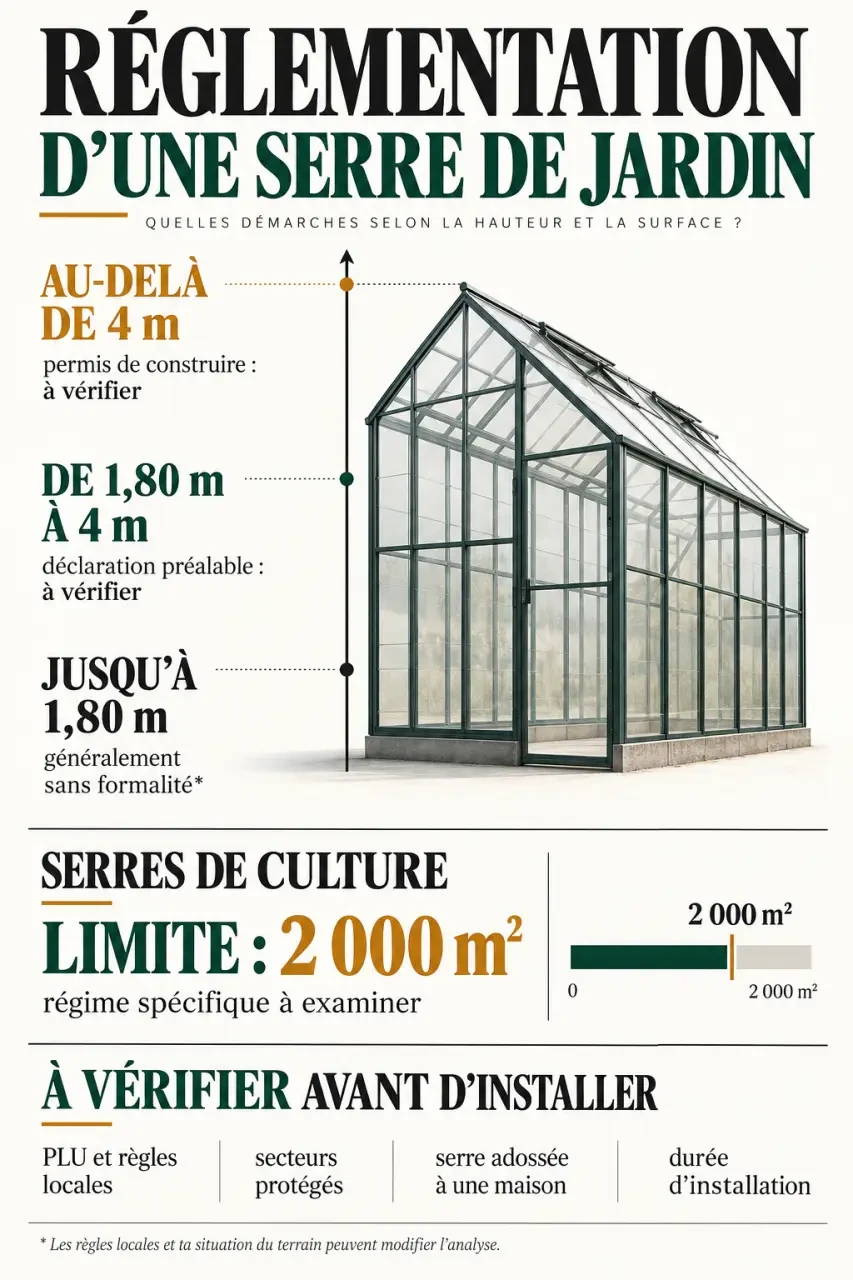 Infographie sur la reglementation serre de jardin selon la hauteur, la surface et le PLU