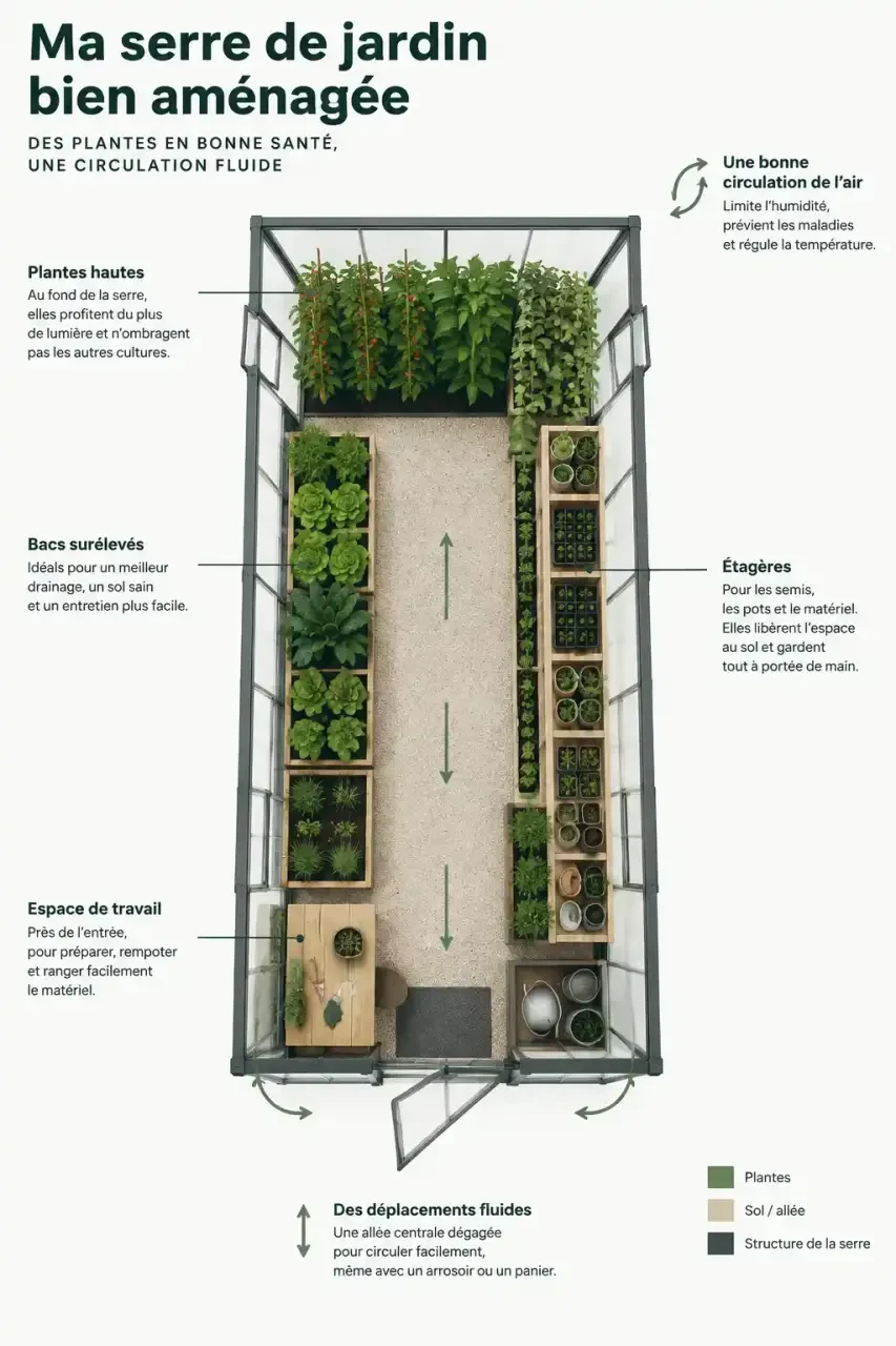 Schéma d'aménagement de serre de jardin vue de dessus avec allée, zone de travail, bacs et étagères