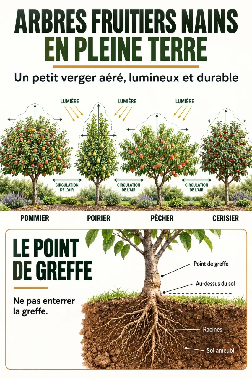 Infographie sur les arbres fruitiers nains en pleine terre, l’espace de plantation et le point de greffe
