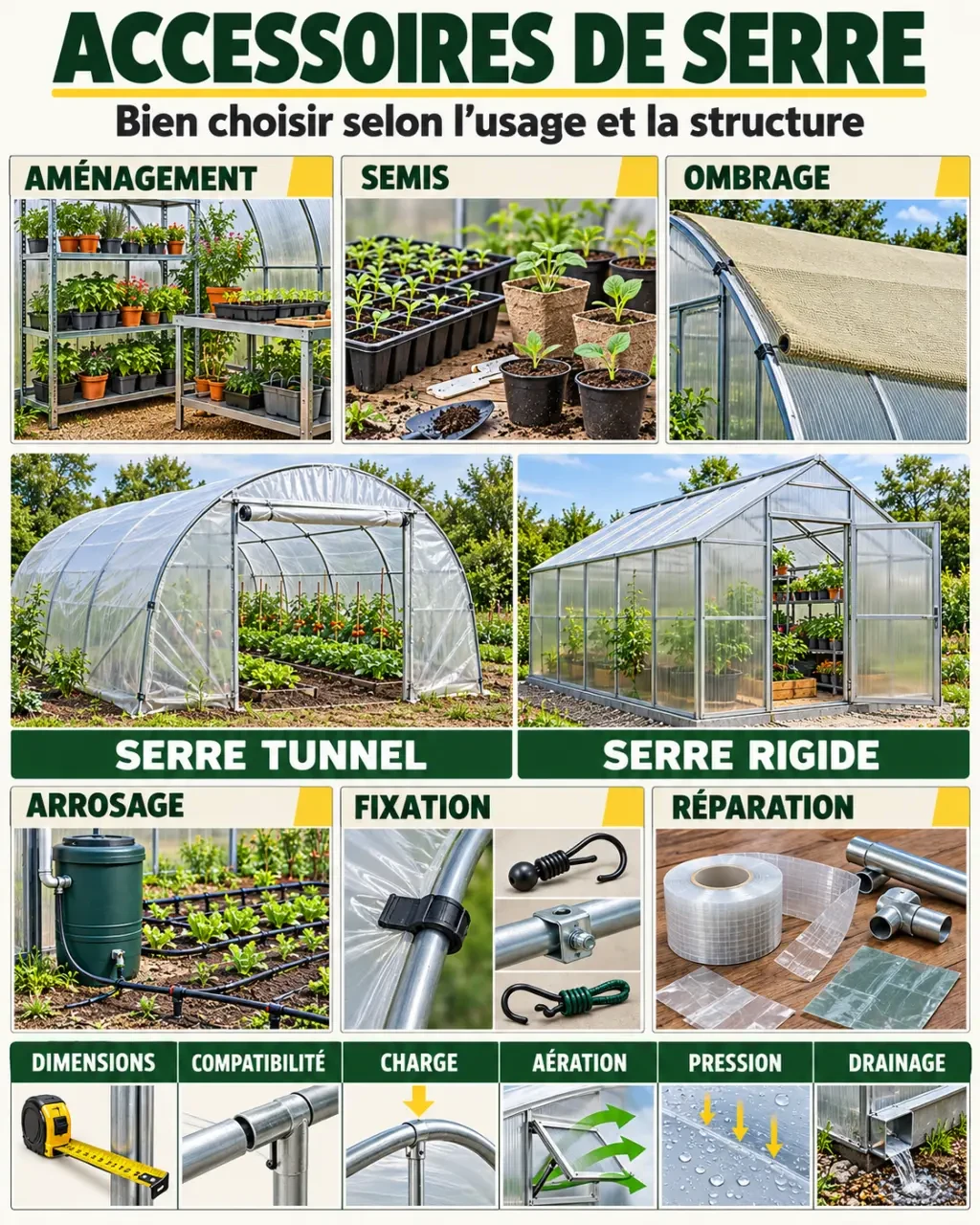 Infographie des accessoires de serre de jardin par besoin : aménagement, semis, ombrage, arrosage, fixation et réparation