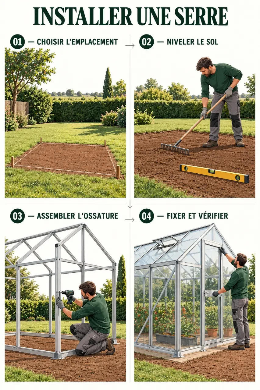 Illustration des étapes pour installer une serre de jardin, du nivellement du sol à l'ancrage