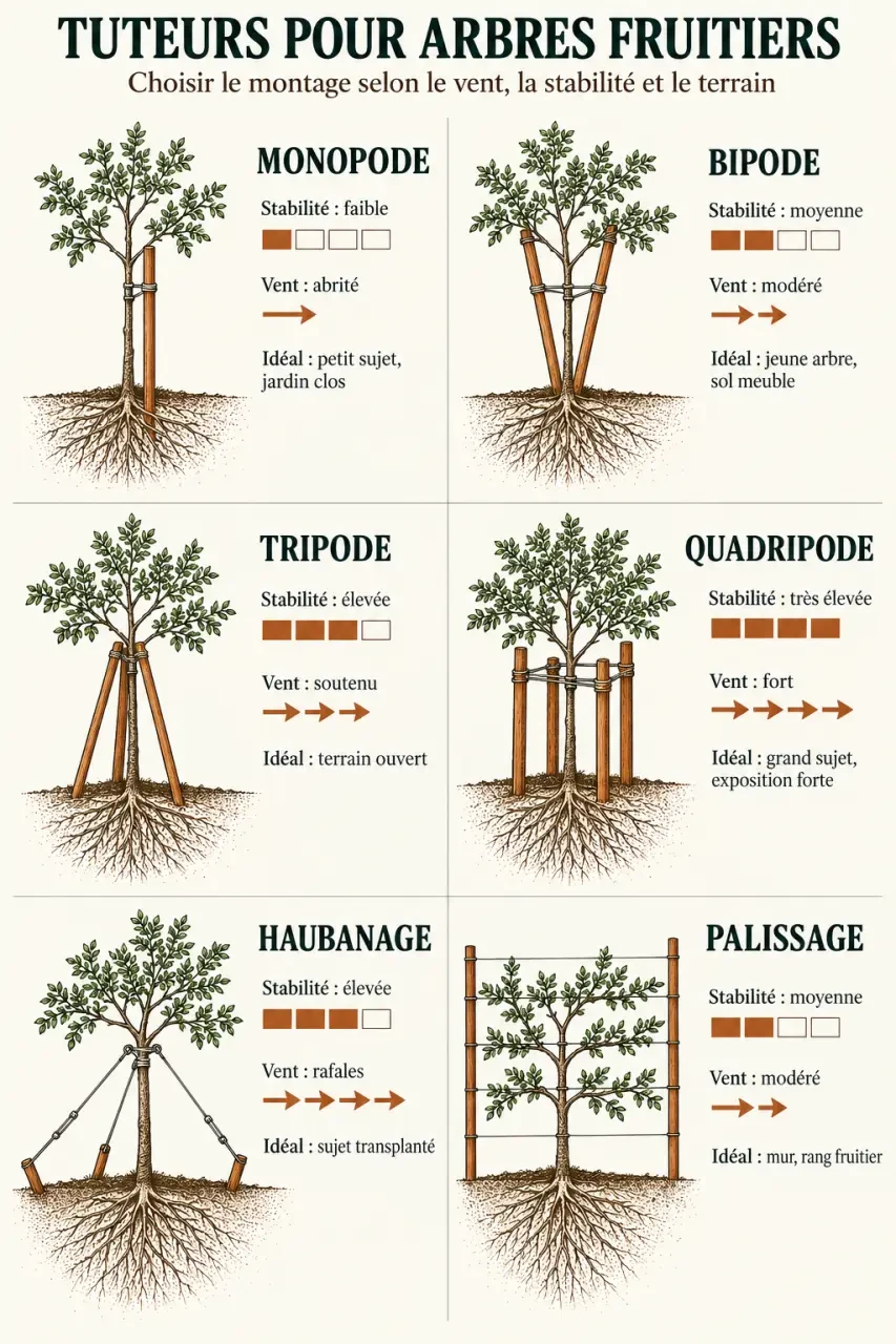 Infographie comparative des tuteurs pour arbres fruitiers selon le montage et l’exposition au vent