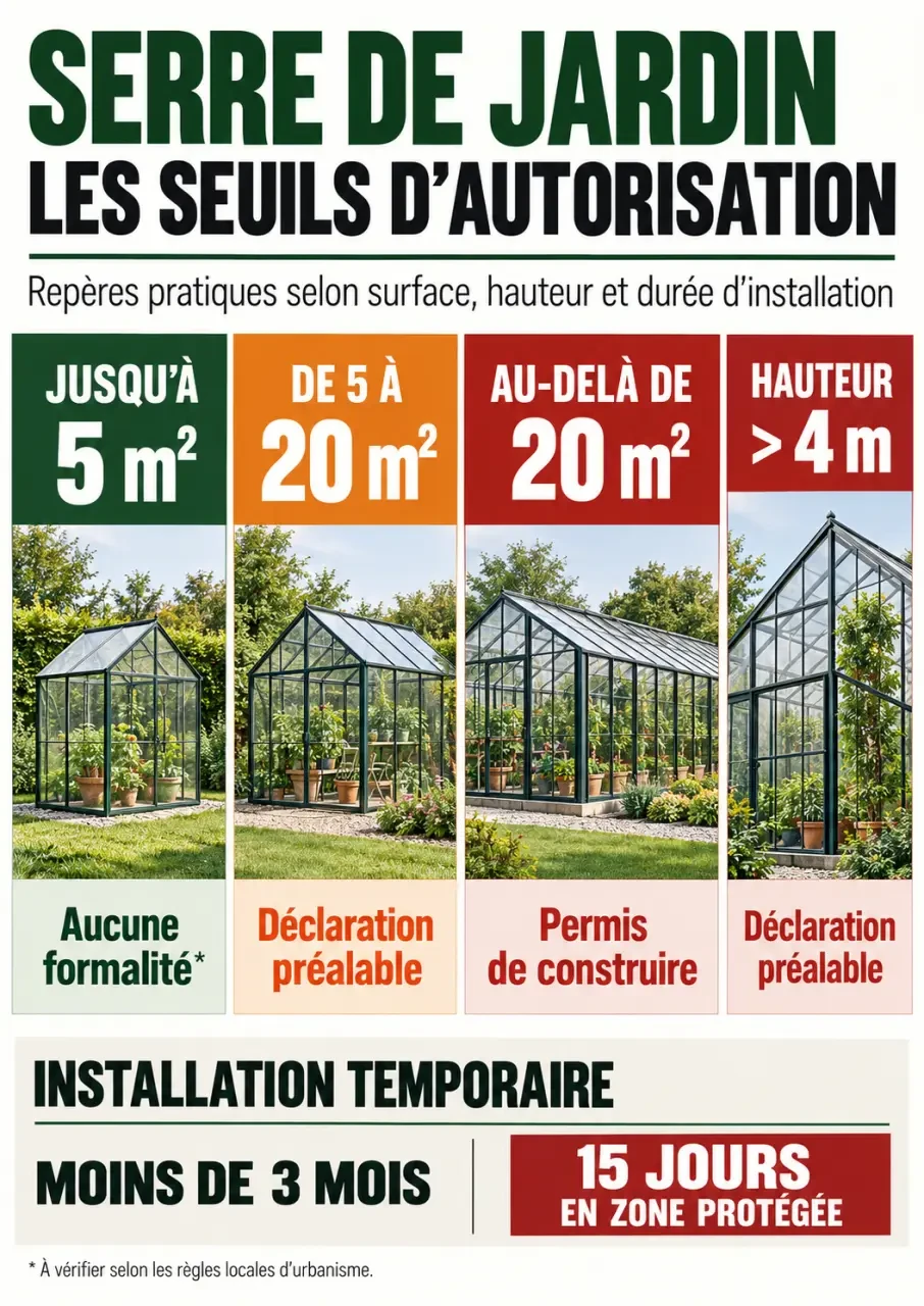 Infographie des seuils pour installer une serre de jardin sans autorisation