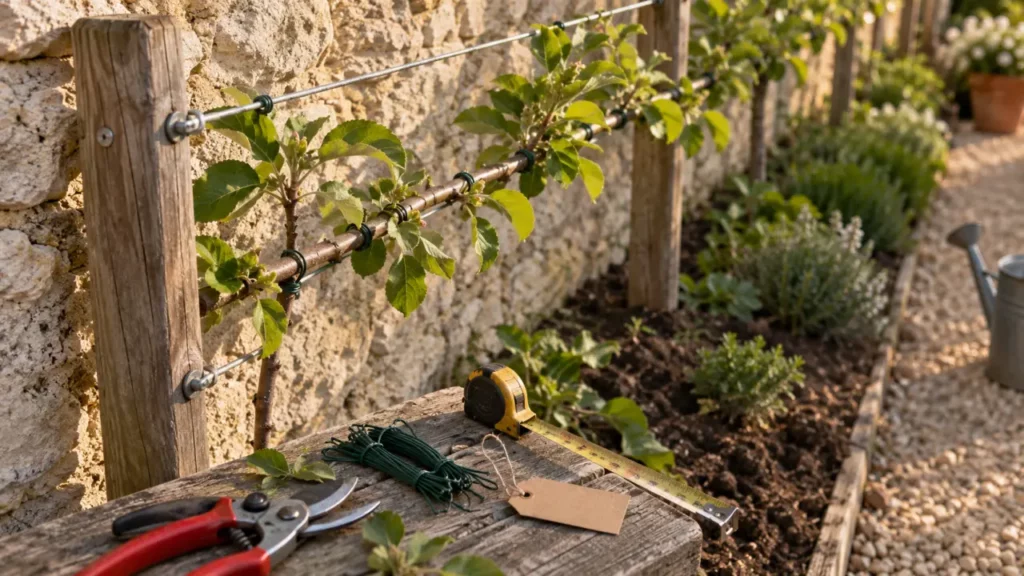 Espaliers arbres fruitiers en jardin étroit, sur fils métalliques