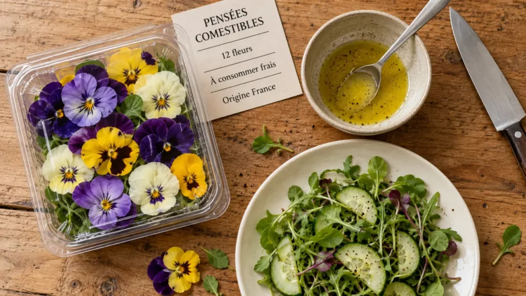 Fleurs comestibles Carrefour : pensées et violettes en barquette
