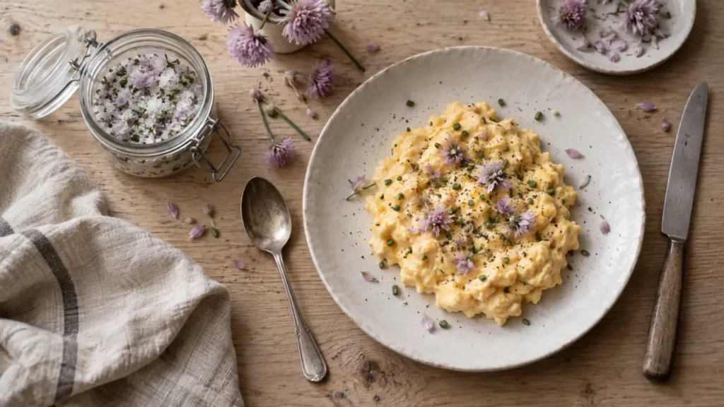 Fleurs de ciboulettes comestibles, sur sel et assiette : préparation