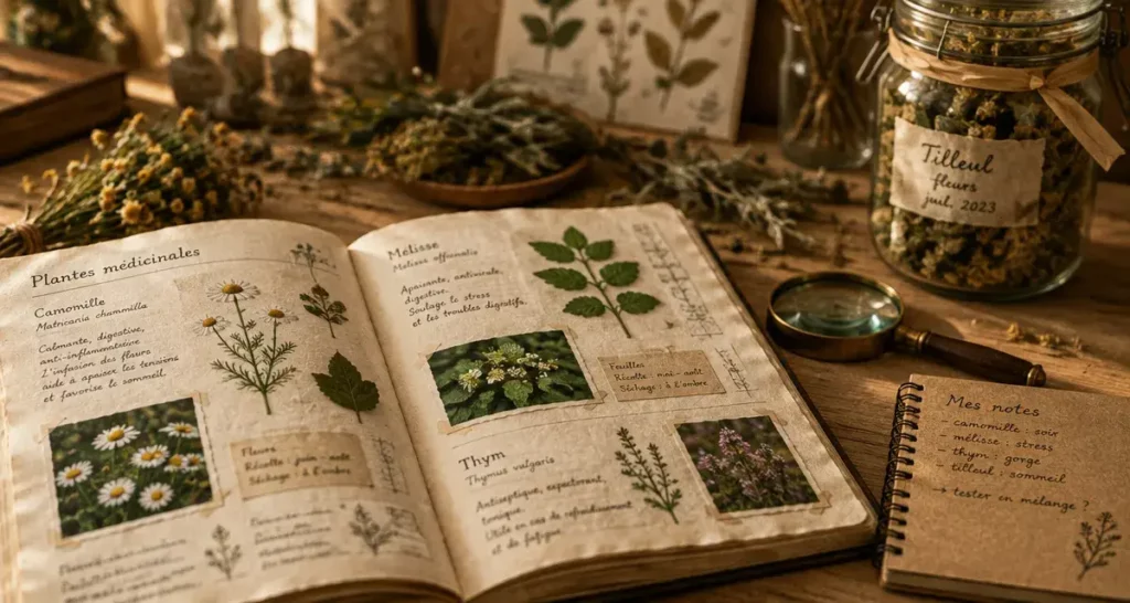 Le livre perdu des plantes médicinales : guide visuel et pratique sur une table