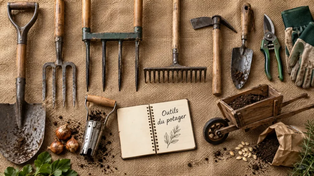 Matériel pour le jardinage : outils du potager, bêche, grelinette, râteau, sécateur