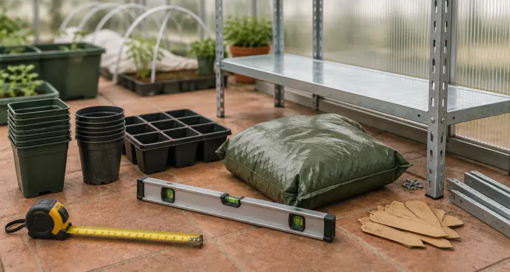 Mesurer avant une etagere pour serre de jardin, étagère et mètre ruban dans la serre
