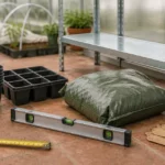 Mesurer avant une etagere pour serre de jardin, étagère et mètre ruban dans la serre