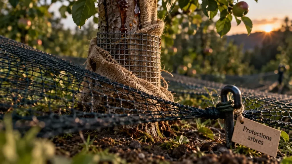 Protections arbres fruitiers : filet et gaine anti-dégâts sur jeune pommier