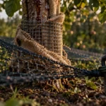 Protections arbres fruitiers : filet et gaine anti-dégâts sur jeune pommier