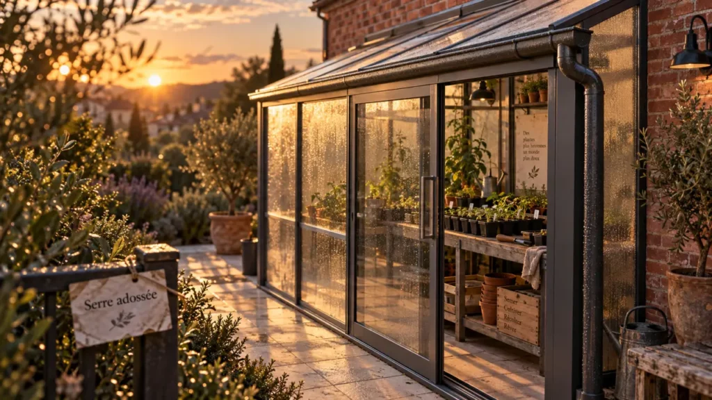 Serre de jardin adossable : serre adossée au mur, aluminium laqué et vitrage