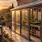 Serre de jardin adossable : serre adossée au mur, aluminium laqué et vitrage